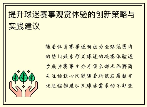 提升球迷赛事观赏体验的创新策略与实践建议