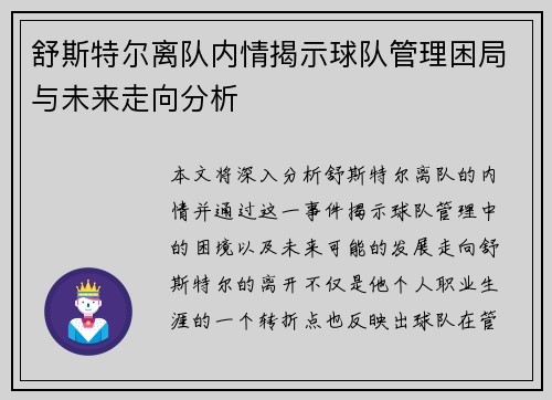 舒斯特尔离队内情揭示球队管理困局与未来走向分析 舒斯特尔离队内情揭示球队管理困局与未来走向分析